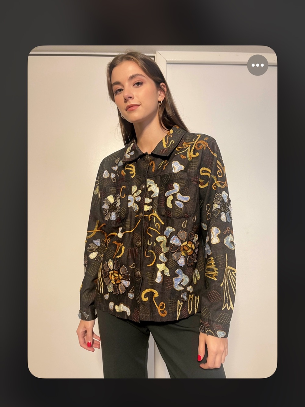 Vintage Black Floral Embroidered Jean Jacket with Metallic Detail